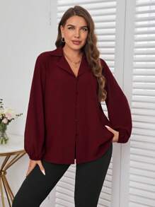 SHEIN Privé Áo cánh cổ lọ tay loe có túi vá - Màu Đỏ Sâu - Xem 5