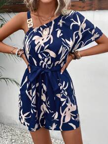 SHEIN VCAY 植物圖案不對稱領腰帶連身短褲 - 藍色 - 查看 3