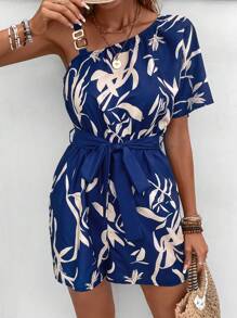 SHEIN VCAY 植物圖案不對稱領腰帶連身短褲 - 藍色 - 查看 4