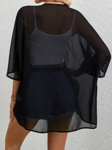 SHEIN Essnce Solid Open Front Batwing Sleeve Sheer Coat In Fall/Winter - Black - View 2