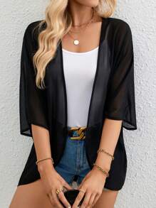 SHEIN Essnce Solid Open Front Batwing Sleeve Sheer Coat In Fall/Winter - Black - View 1