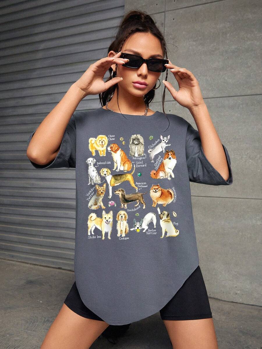 JOLLY by Jiajia 狗狗和字母圖案落肩袖超大號T恤 - 霧霾藍 - 查看 1