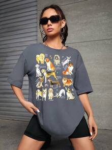 JOLLY by Jiajia 狗狗和字母圖案落肩袖超大號T恤 - 霧霾藍 - 查看 5