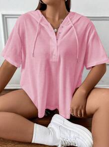 Flirla Hơn Nút Nửa Thả vai Dây rút áo có mũ Áo thun - Màu Hồng baby - Xem 1