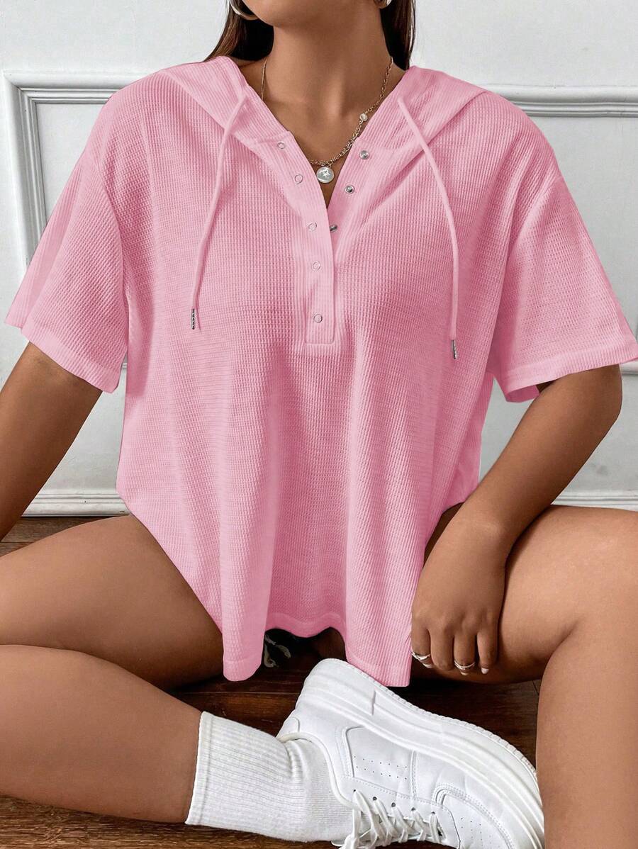 Flirla Hơn Nút Nửa Thả vai Dây rút áo có mũ Áo thun - Màu Hồng baby - Xem 1