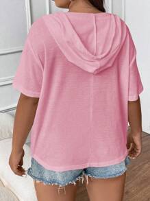Flirla Hơn Nút Nửa Thả vai Dây rút áo có mũ Áo thun - Màu Hồng baby - Xem 2