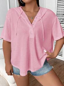 Flirla Hơn Nút Nửa Thả vai Dây rút áo có mũ Áo thun - Màu Hồng baby - Xem 3