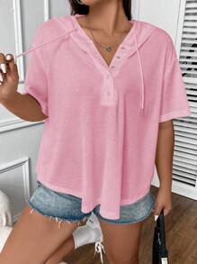 Flirla Hơn Nút Nửa Thả vai Dây rút áo có mũ Áo thun - Màu Hồng baby - Xem 4