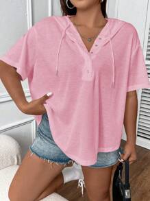 Flirla Hơn Nút Nửa Thả vai Dây rút áo có mũ Áo thun - Màu Hồng baby - Xem 5