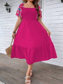 Celure 大碼印花荷葉邊連衣裙 - 玫紅色 - 查看 6