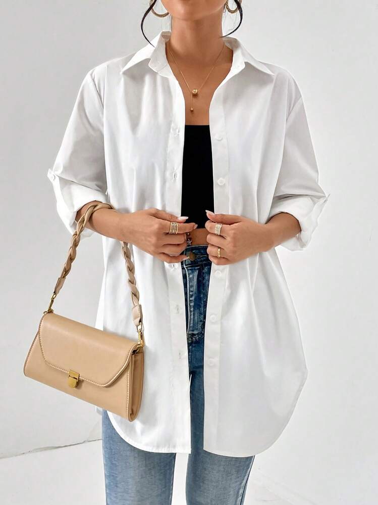 SHEIN Essnce Camisa unicolor con botón delantero - Blanco - Añade 5