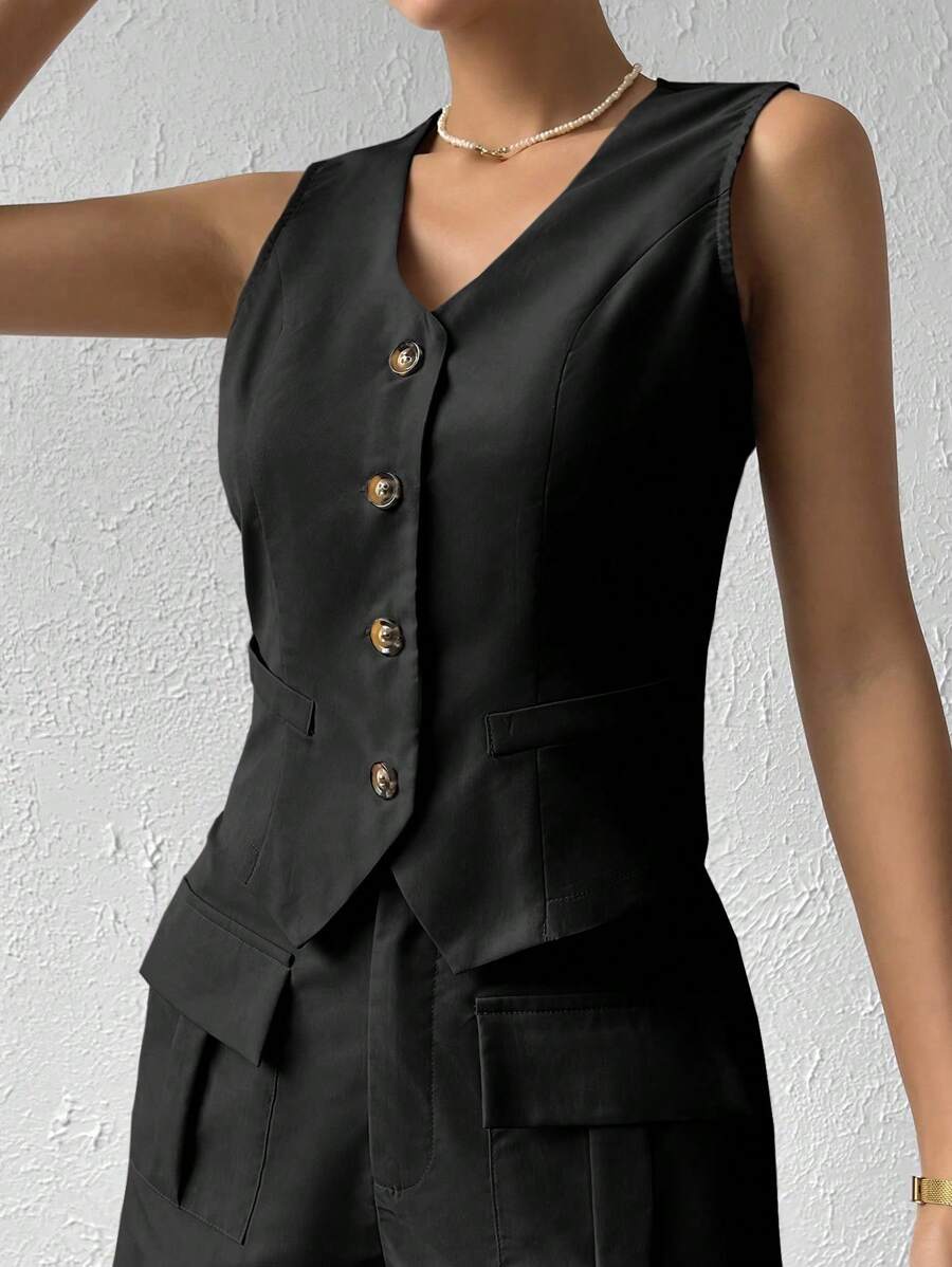 Celisse Solid Button Front Waistcoat - Black - View 1