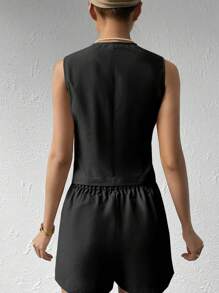 Celisse Solid Button Front Waistcoat - Black - View 2
