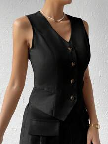 Celisse Solid Button Front Waistcoat - Black - View 3