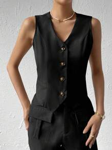 Celisse Solid Button Front Waistcoat - Black - View 5