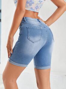 SHEIN EZwear Shorts en mezclilla bajo de doblez - Azul lavado medio - Ver 3