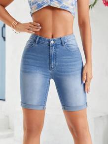 SHEIN EZwear Shorts en mezclilla bajo de doblez - Azul lavado medio - Ver 1