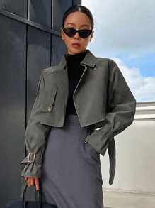 DAZY Chi tiết nút buộc Tay Raglan Mùa vụ Áo khoác Trench - Màu xám đen - Xem 1