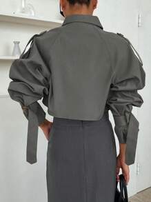 DAZY Chi tiết nút buộc Tay Raglan Mùa vụ Áo khoác Trench - Màu xám đen - Xem 2
