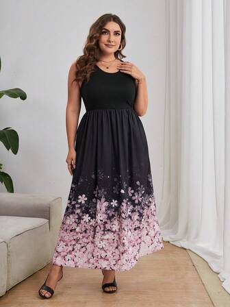 SHEIN Privé 大碼印花背心連衣裙