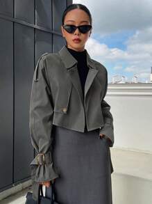 DAZY Chi tiết nút buộc Tay Raglan Mùa vụ Áo khoác Trench - Màu xám đen - Xem 4