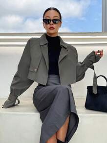DAZY Chi tiết nút buộc Tay Raglan Mùa vụ Áo khoác Trench - Màu xám đen - Xem 6