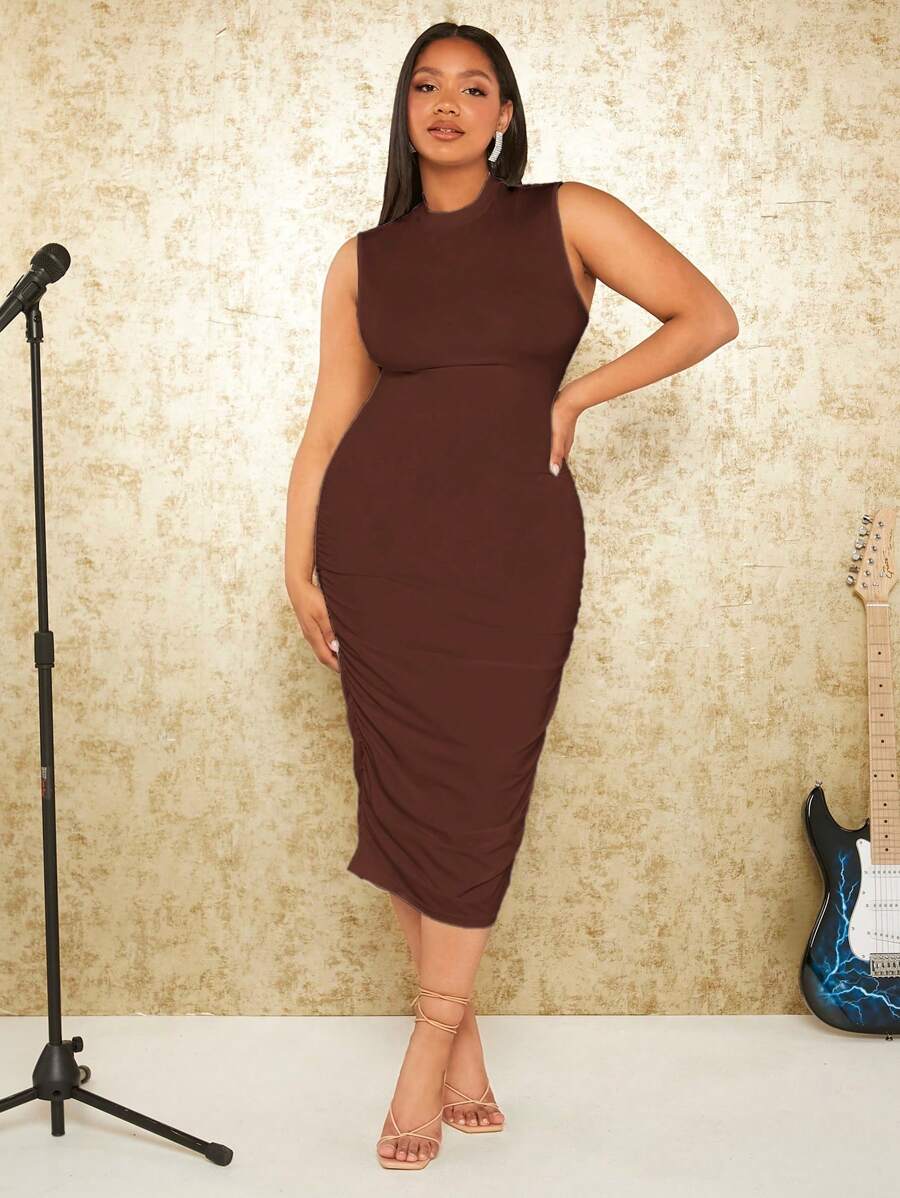 SHEIN SXY Plus Solid Ruched Bodycon Dress - Brown - View 1