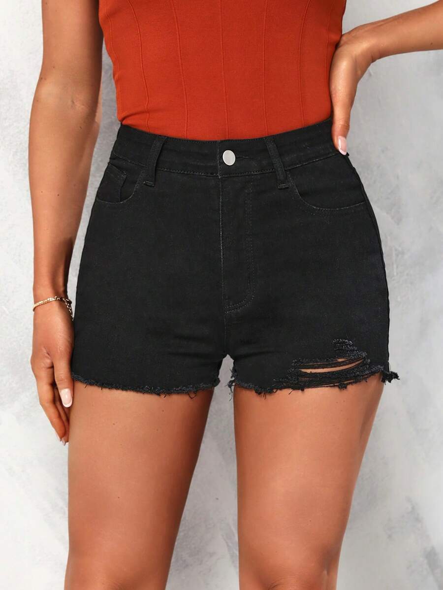 SHEIN Essnce Ripped Raw Hem Denim Shorts - Black - View 1