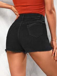 SHEIN Essnce Ripped Raw Hem Denim Shorts - Black - View 2
