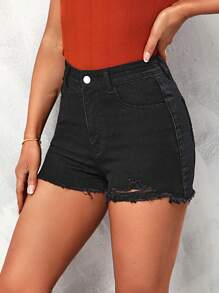 SHEIN Essnce Ripped Raw Hem Denim Shorts - Black - View 5