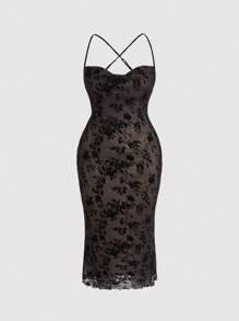 SHEIN MOD 大碼印花露背交叉吊帶連衣裙 - 黑色 - 查看 1