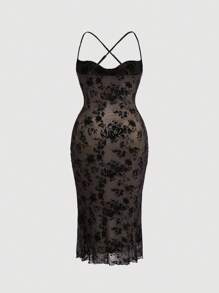 SHEIN MOD 大碼印花露背交叉吊帶連衣裙 - 黑色 - 查看 2