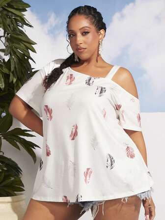 SHEIN CURVE+ 大碼羽毛印花不對稱領T恤