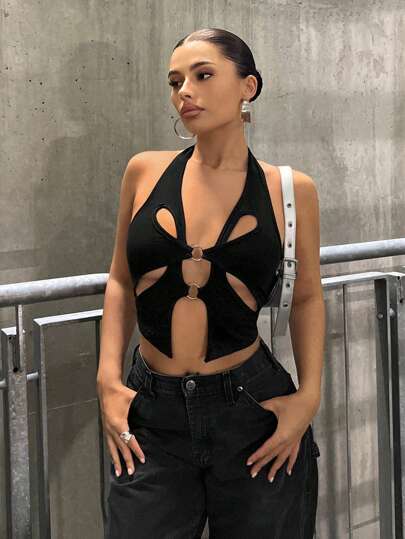 SHEIN ICON Y2k 女装镂空露背时尚高端异形镂空金属环装饰纹理针织挂脖背心