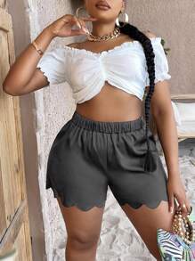 SHEIN SXY Plus Scallop Trim Shorts - Grey - View 3