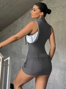 SHEIN ICON Zip Up Buckle Belted Bodycon Dress - Dark Grey - View 2