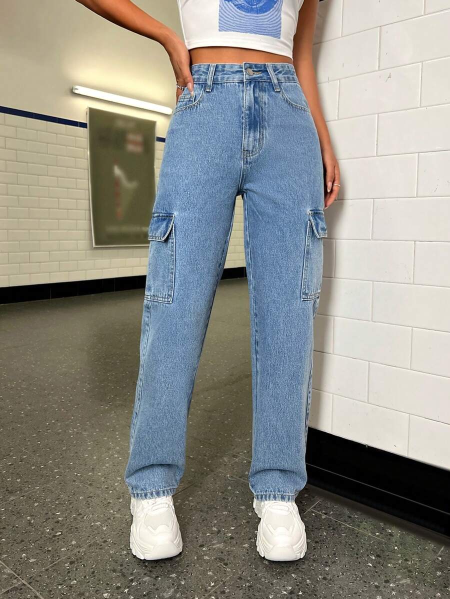 SHEIN PETITE Jeans con bolsillo lateral con solapa
