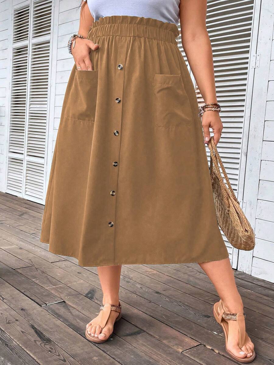 SHEIN Holidaya 大碼紙袋腰口袋貼布半身裙 - 卡其色 - 查看 1