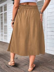 SHEIN Holidaya 大碼紙袋腰口袋貼布半身裙 - 卡其色 - 查看 2