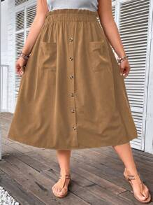 SHEIN Holidaya 大碼紙袋腰口袋貼布半身裙 - 卡其色 - 查看 3