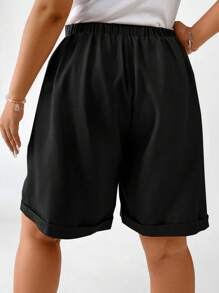 Calvaya 大碼拼接細節卷邊短褲 - 黑色 - 查看 2