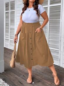 SHEIN Holidaya 大碼紙袋腰口袋貼布半身裙 - 卡其色 - 查看 5