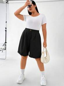 Calvaya 大碼拼接細節卷邊短褲 - 黑色 - 查看 4