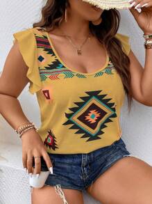 SHEIN LUNE 大碼幾何印花荷葉邊T恤 - 黃色 - 查看 3