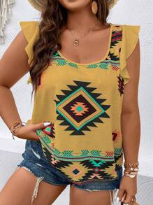 SHEIN LUNE 大碼幾何印花荷葉邊T恤 - 黃色 - 查看 4