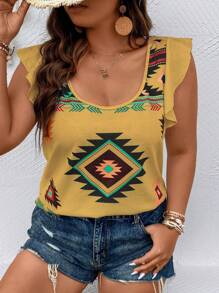 SHEIN LUNE 大碼幾何印花荷葉邊T恤 - 黃色 - 查看 5