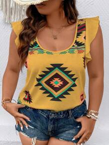 SHEIN LUNE 大碼幾何印花荷葉邊T恤 - 黃色 - 查看 7