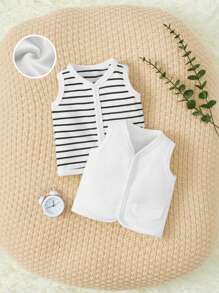 SHEIN 新生儿中性男童休闲、舒适、时尚、简约、实用、百搭、可爱、无袖、保暖内衬、黑白条纹夹克 2 件套、初秋 - 白色 - 查看 1