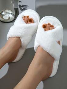 Fall/Winter Women Criss Cross Fuzzy Bedroom Slippers, Fashion Indoor Home Slippers,Fluffy Slippers - White - View 4