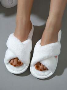 Fall/Winter Women Criss Cross Fuzzy Bedroom Slippers, Fashion Indoor Home Slippers,Fluffy Slippers - White - View 5